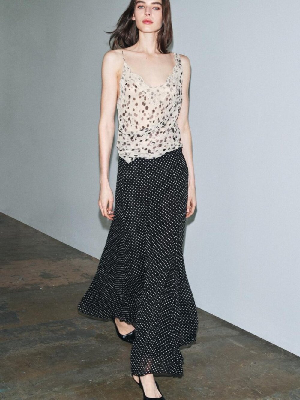 Zara ZW Collection Polka Dot Maxi Skirt Black White A-Line Mid Rise Size S NWT - Picture 2 of 11